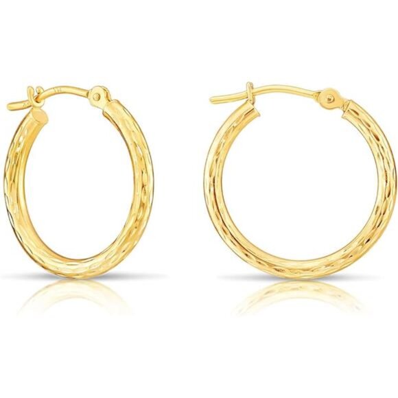 14k Yellow Gold Hand Engraved Full Diamond-cut Round Hoop Earrings - Picture 14 of 14